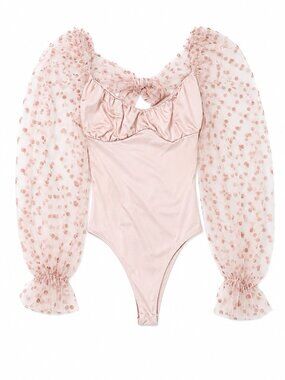 Free People NWT Pink Blossom Swiss Dot Puff Sleeve Bodysuit Size S